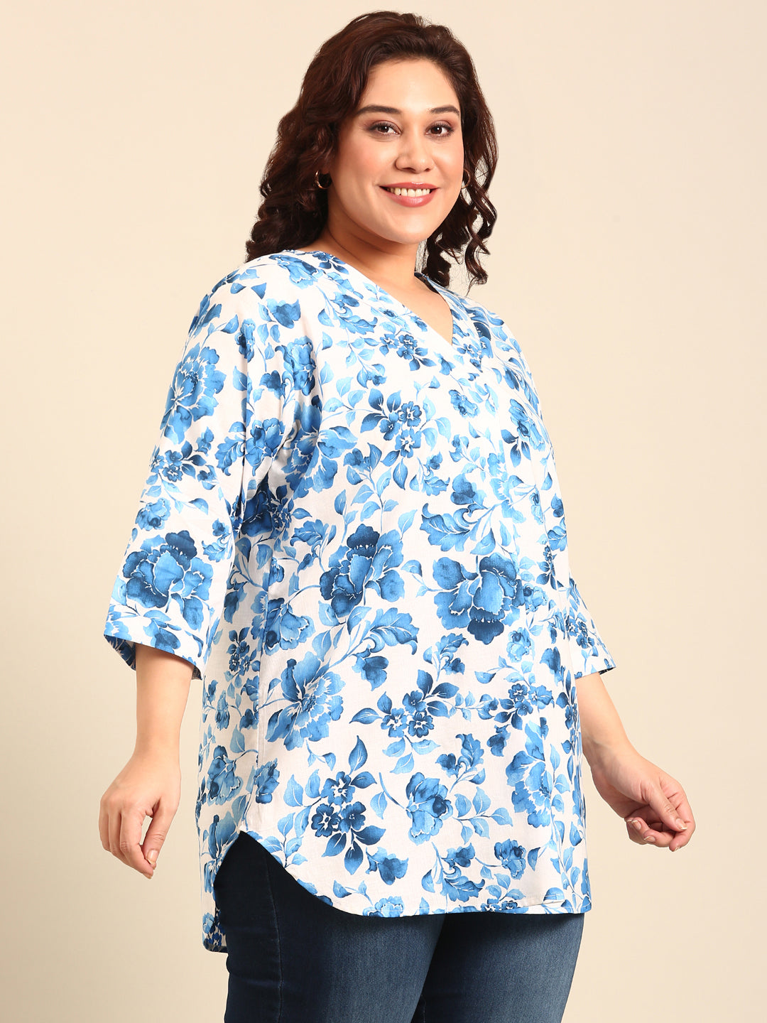 Blue Floral Printed V-neck Tunic