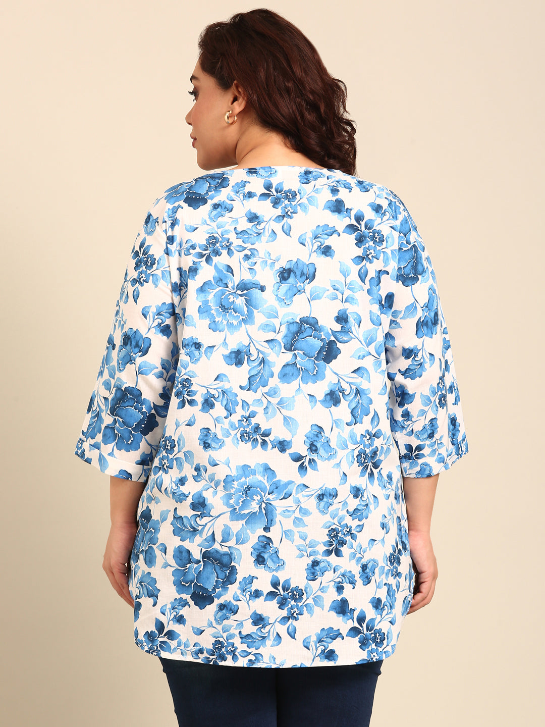 Blue Floral Printed V-neck Tunic