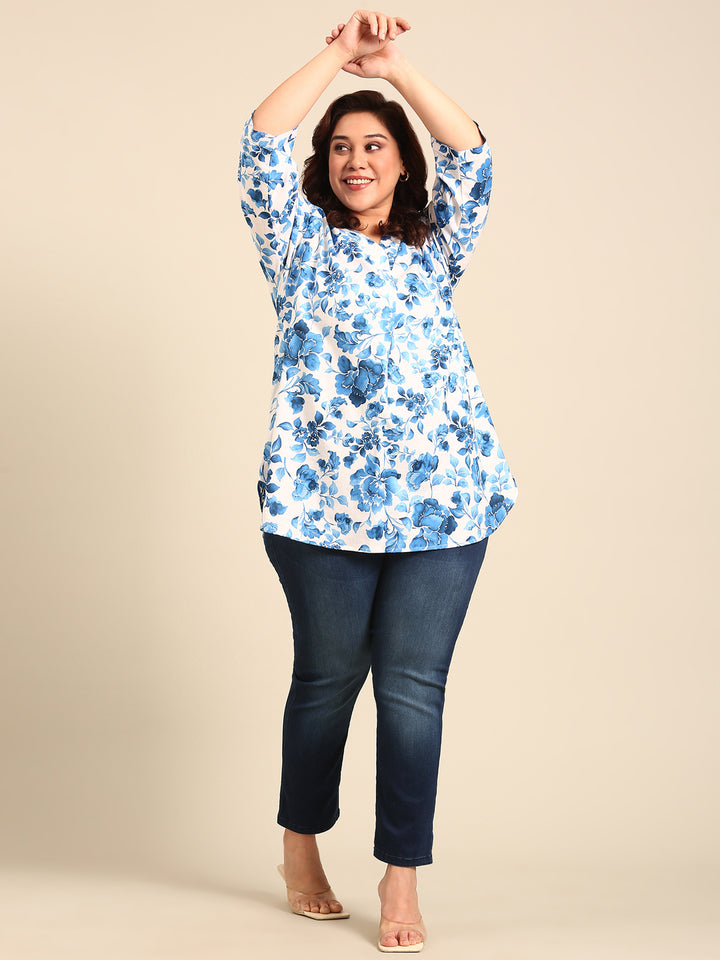 Blue Floral Printed V-neck Tunic