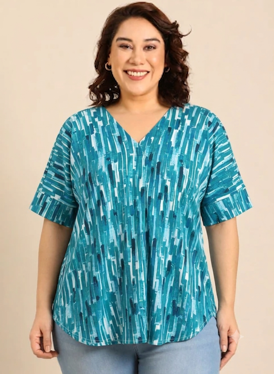 Teal Abstract Print V-Neck T-Shirt