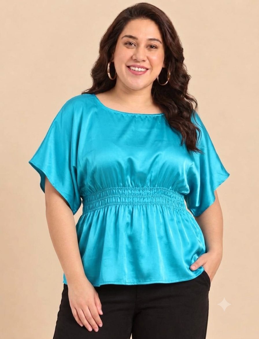 Teal Blue Satin Smocked-Waist Peplum Top