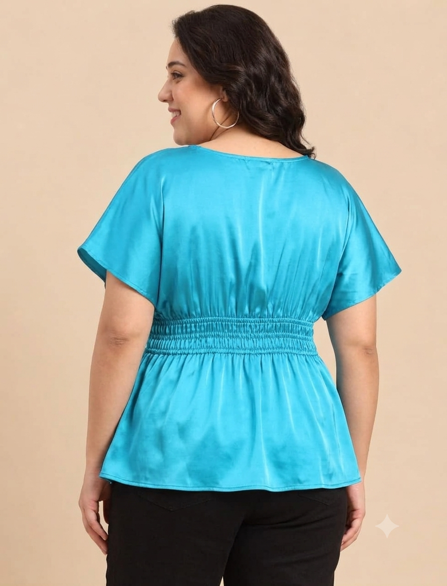 Teal Blue Satin Smocked-Waist Peplum Top