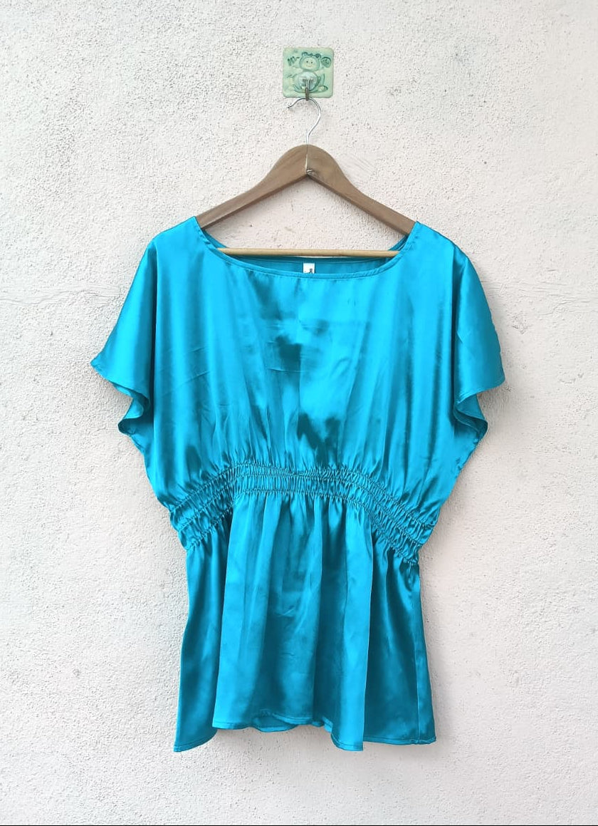 Teal Blue Satin Smocked-Waist Peplum Top
