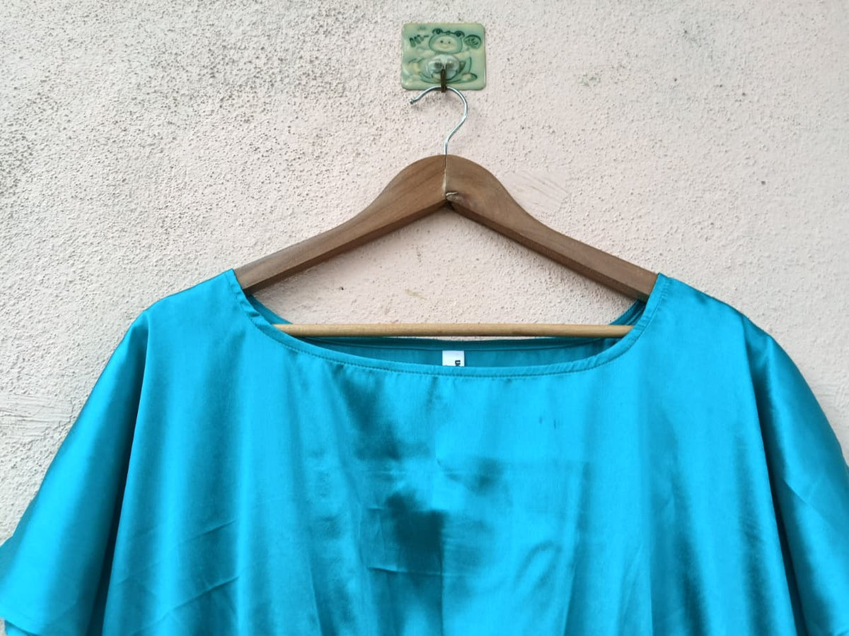 Teal Blue Satin Smocked-Waist Peplum Top
