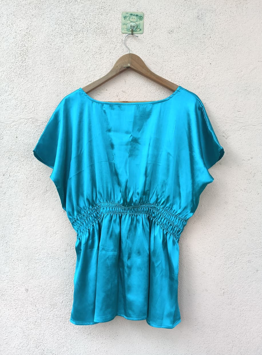 Teal Blue Satin Smocked-Waist Peplum Top