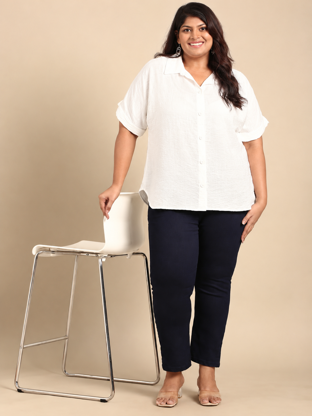 White Textured Drop Shoulder Shirt