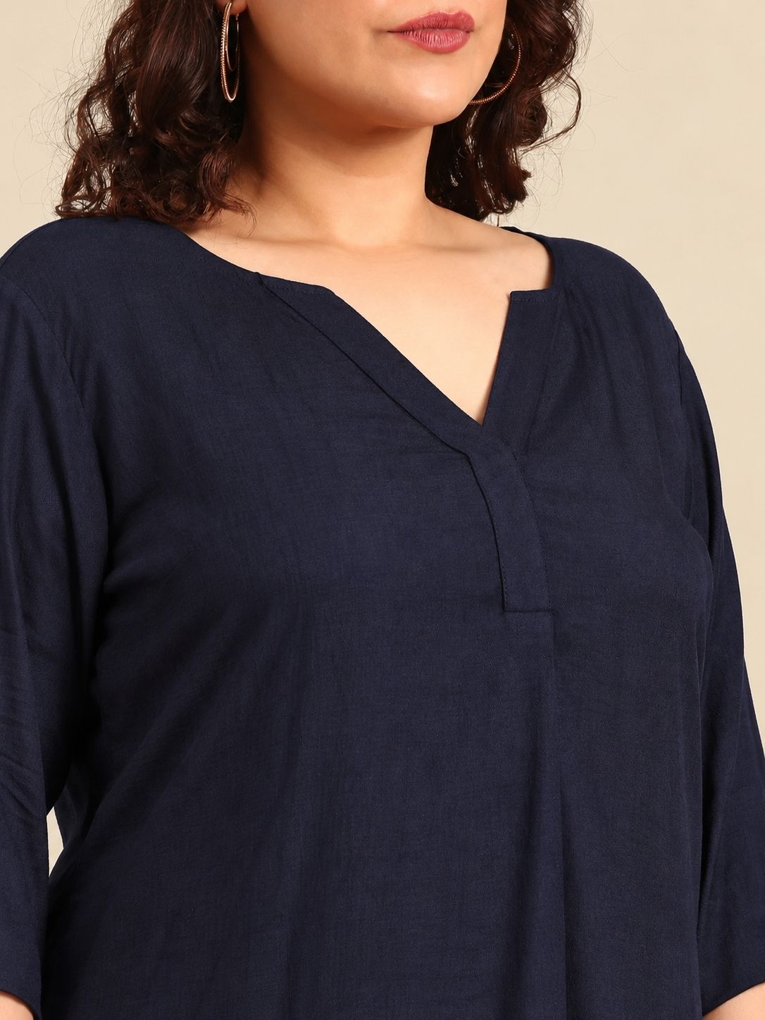 Solid Navy Blue Pleated V-Neck Top