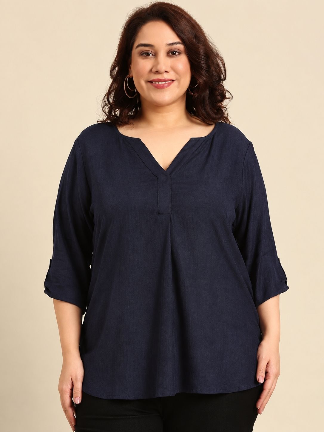 Solid Navy Blue Pleated V-Neck Top