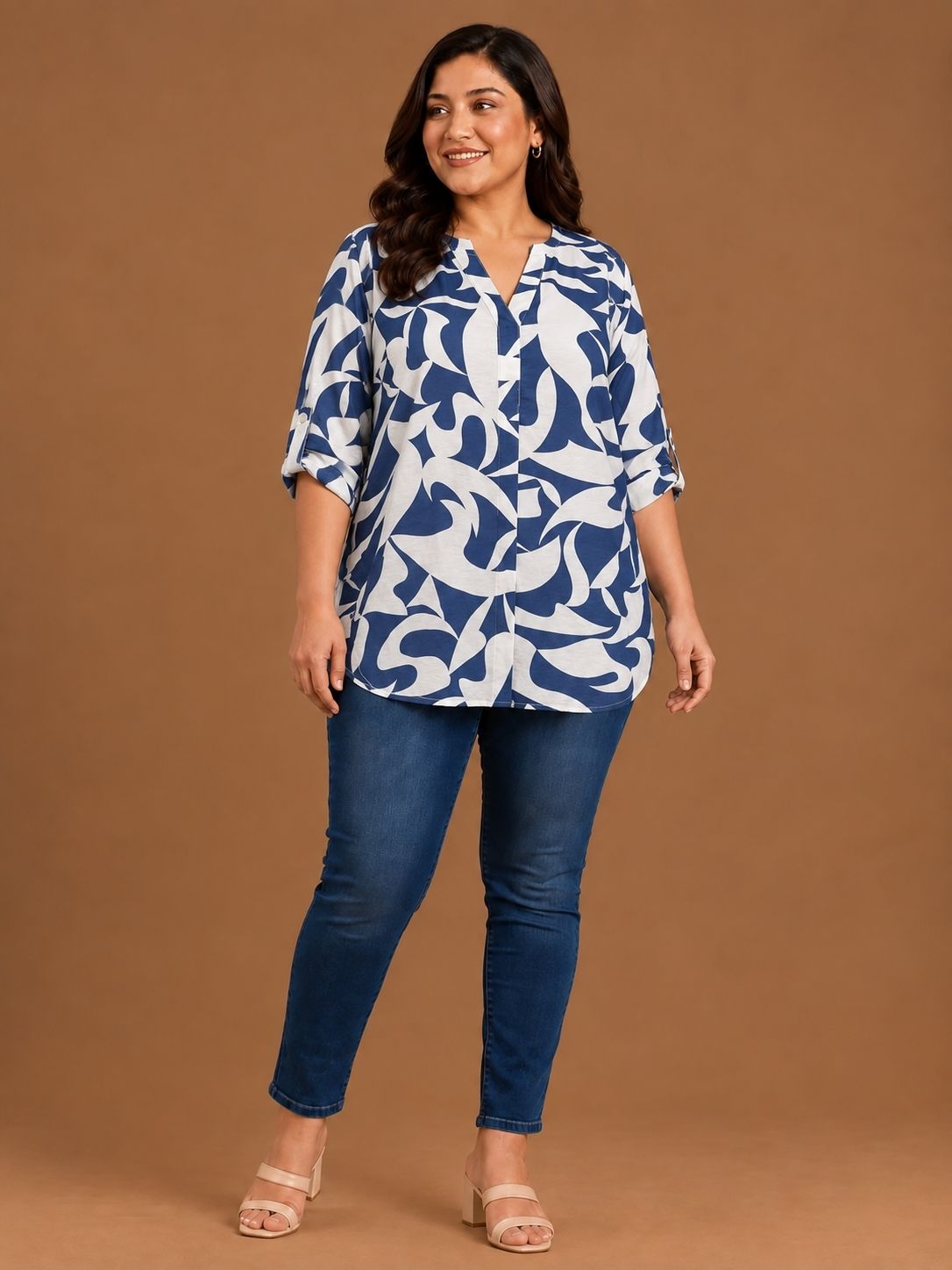 Blue Abstract Floral Printed V-Neck Top