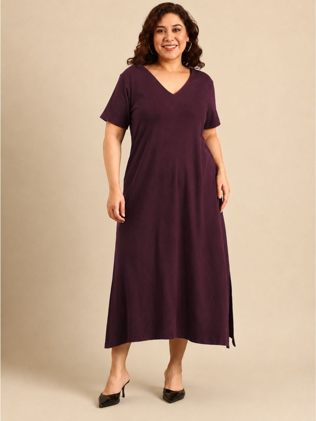 Maroon Rib Cotton A-Line Dress
