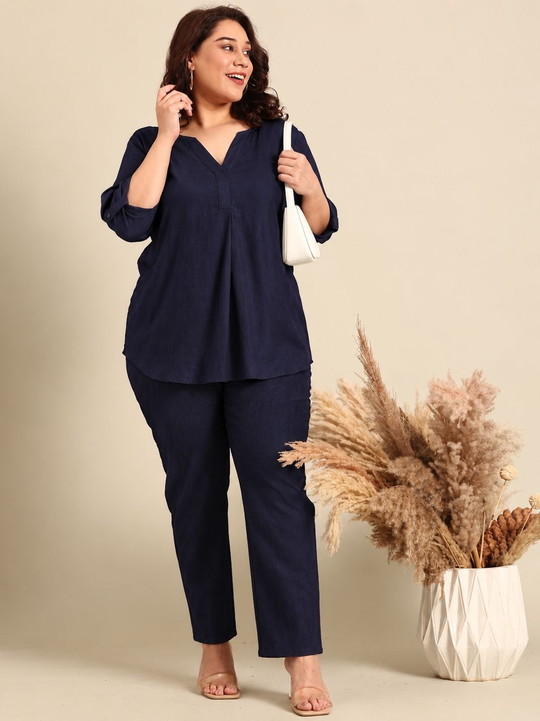 Solid Navy Blue Pleated V-Neck Top