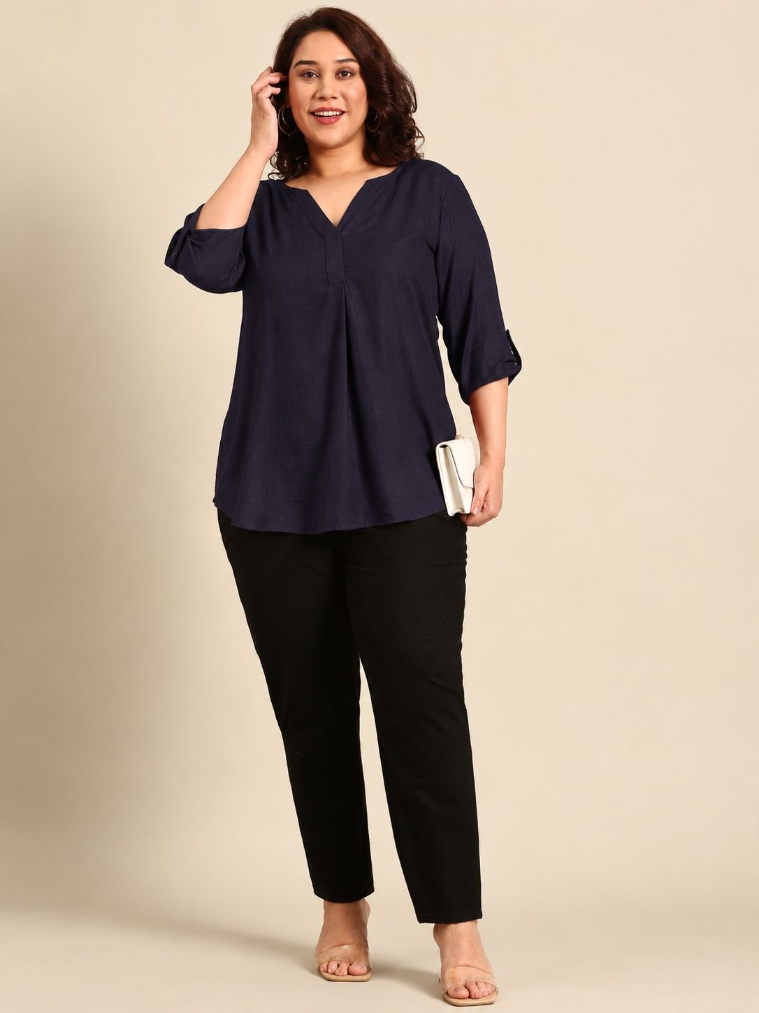 Solid Navy Blue Pleated V-Neck Top