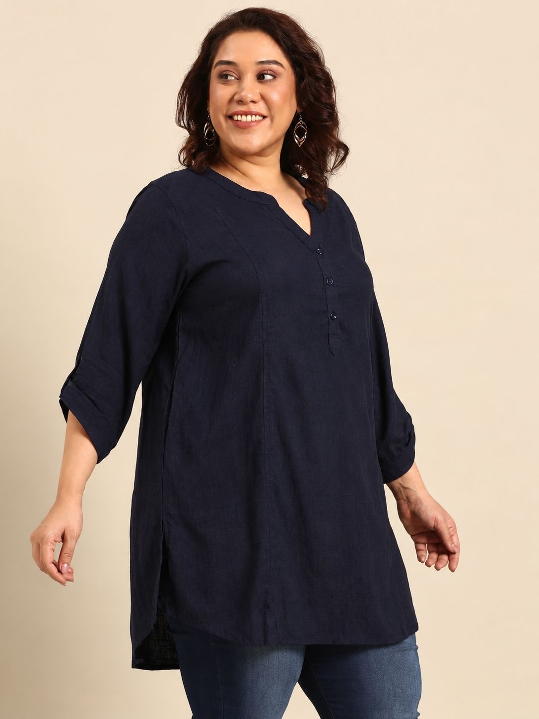 Navy Blue Solid V-Neck Tunic