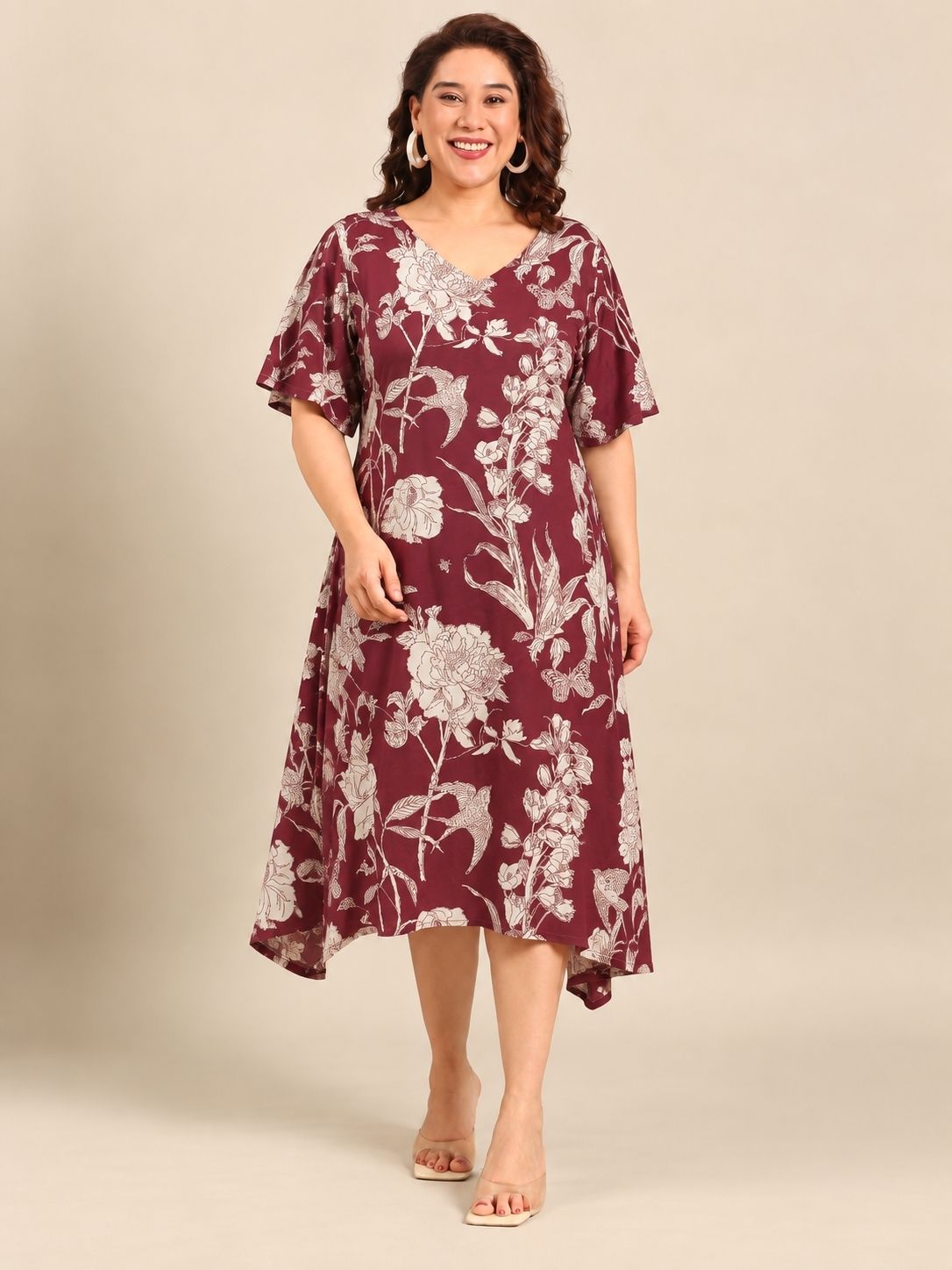 Maroon Floral V-Neck A-Line Midi Dress
