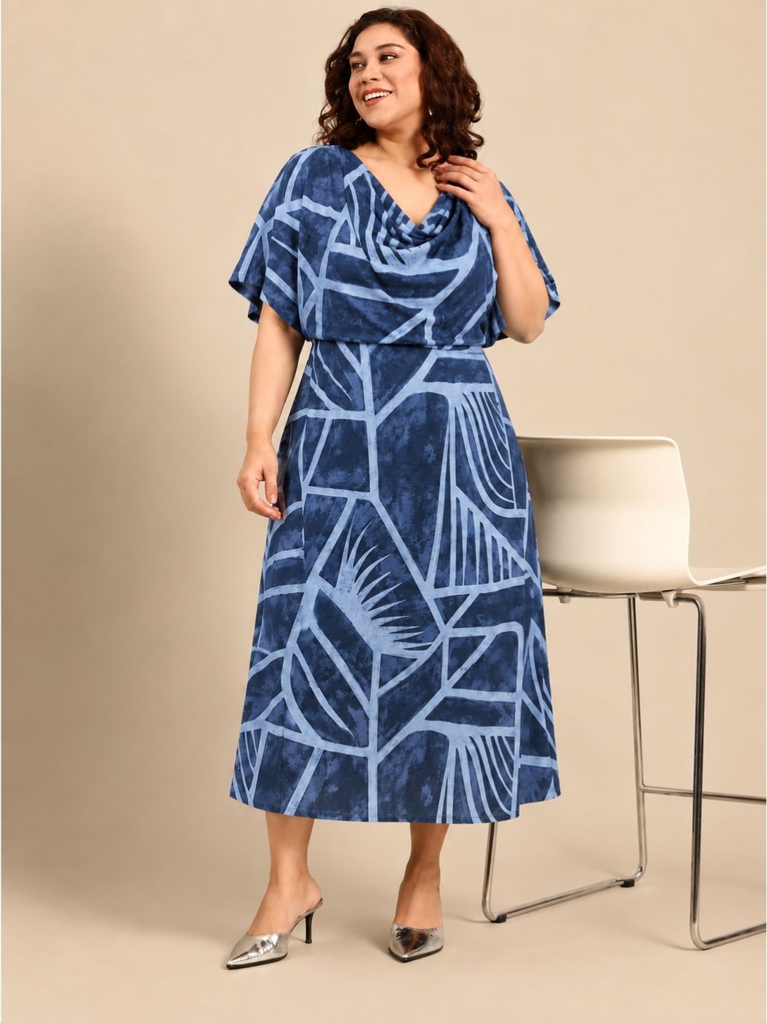 Indigo Abstract Geometric Cowl Neck Dress