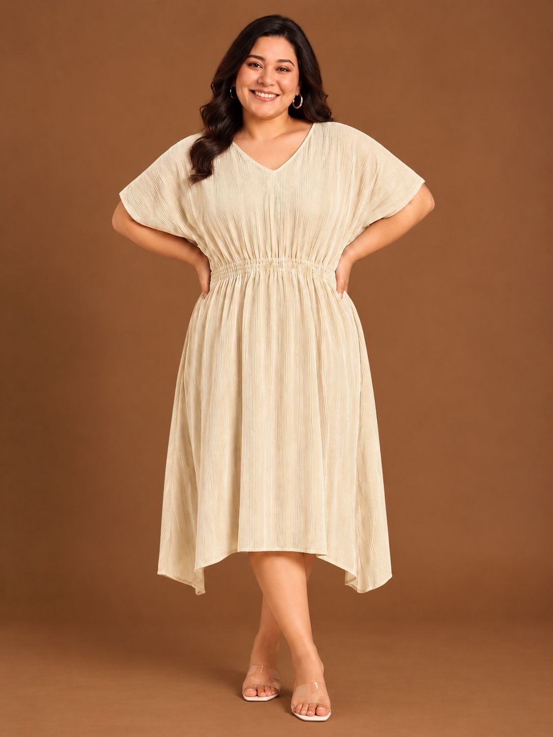 Ivory Pleated Smocking Midi Dress