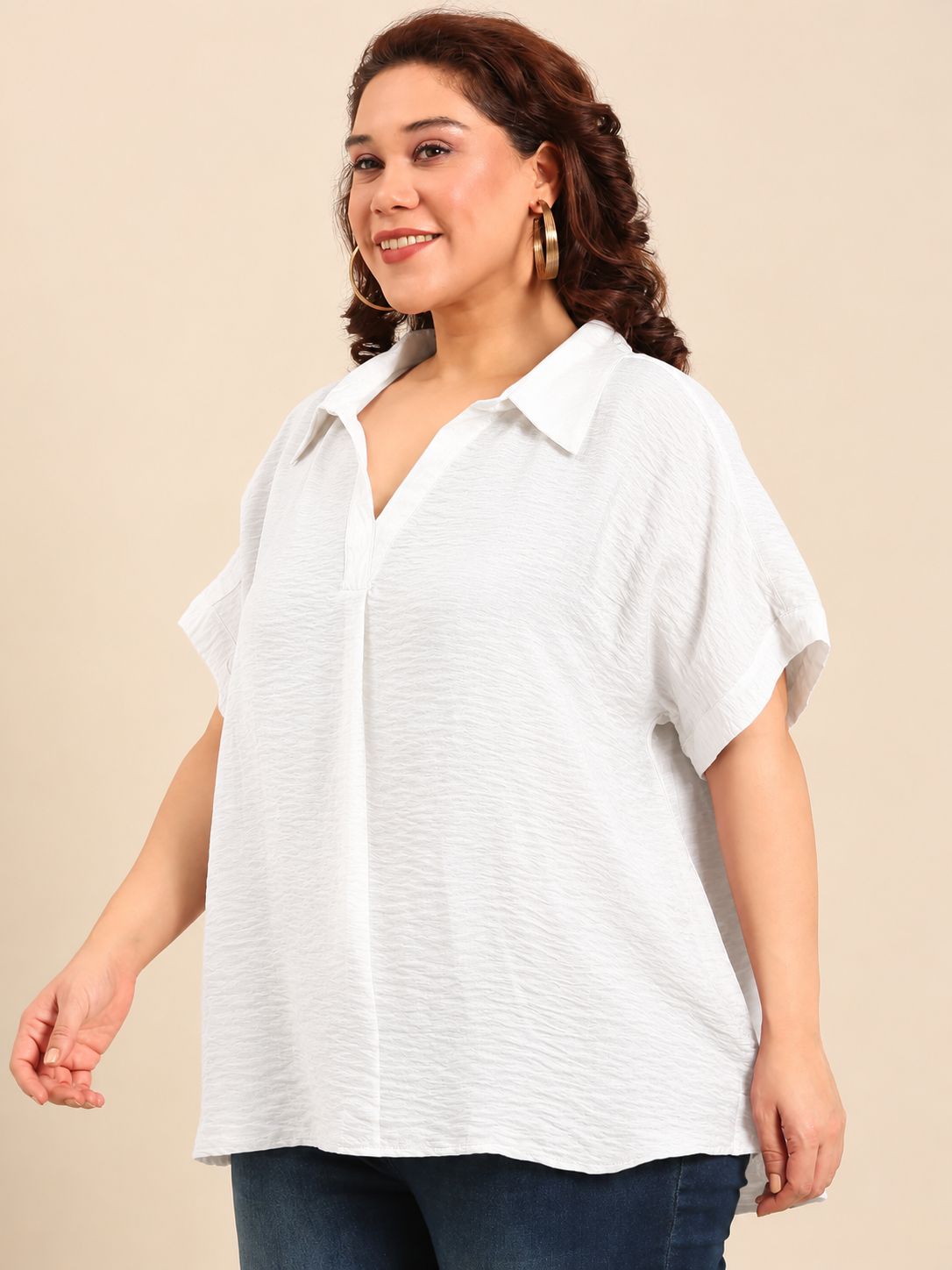White Collar Neck Drop Shoulder Top