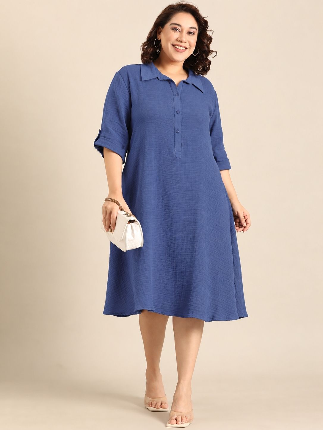 Slate Grey Collared A-Line Midi Dress