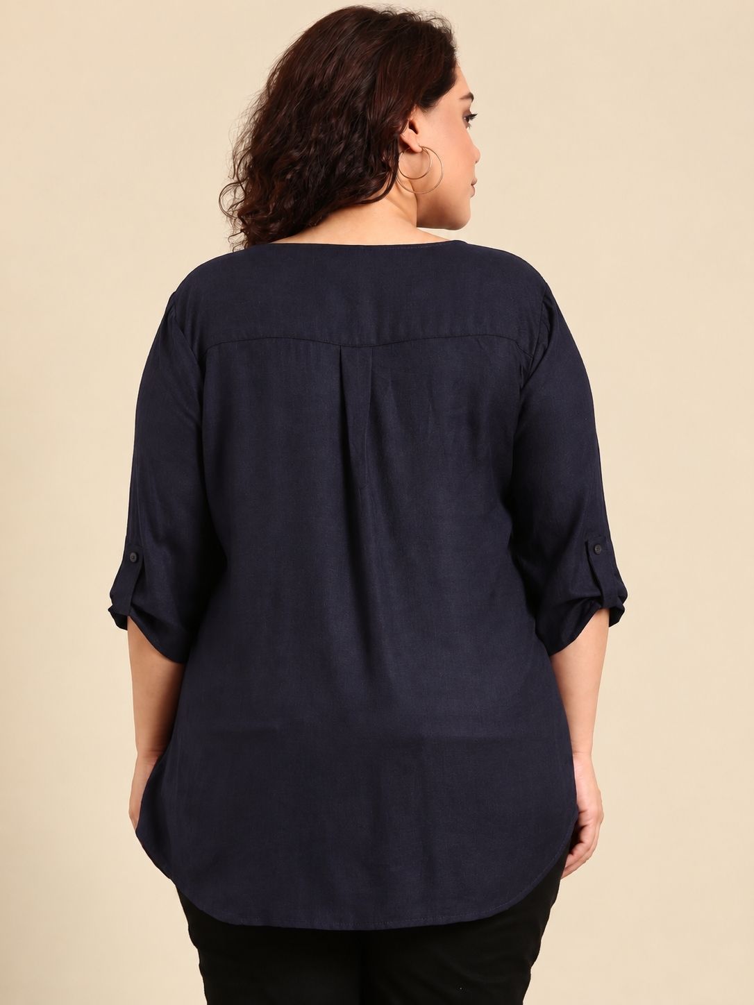 Solid Navy Blue Pleated V-Neck Top