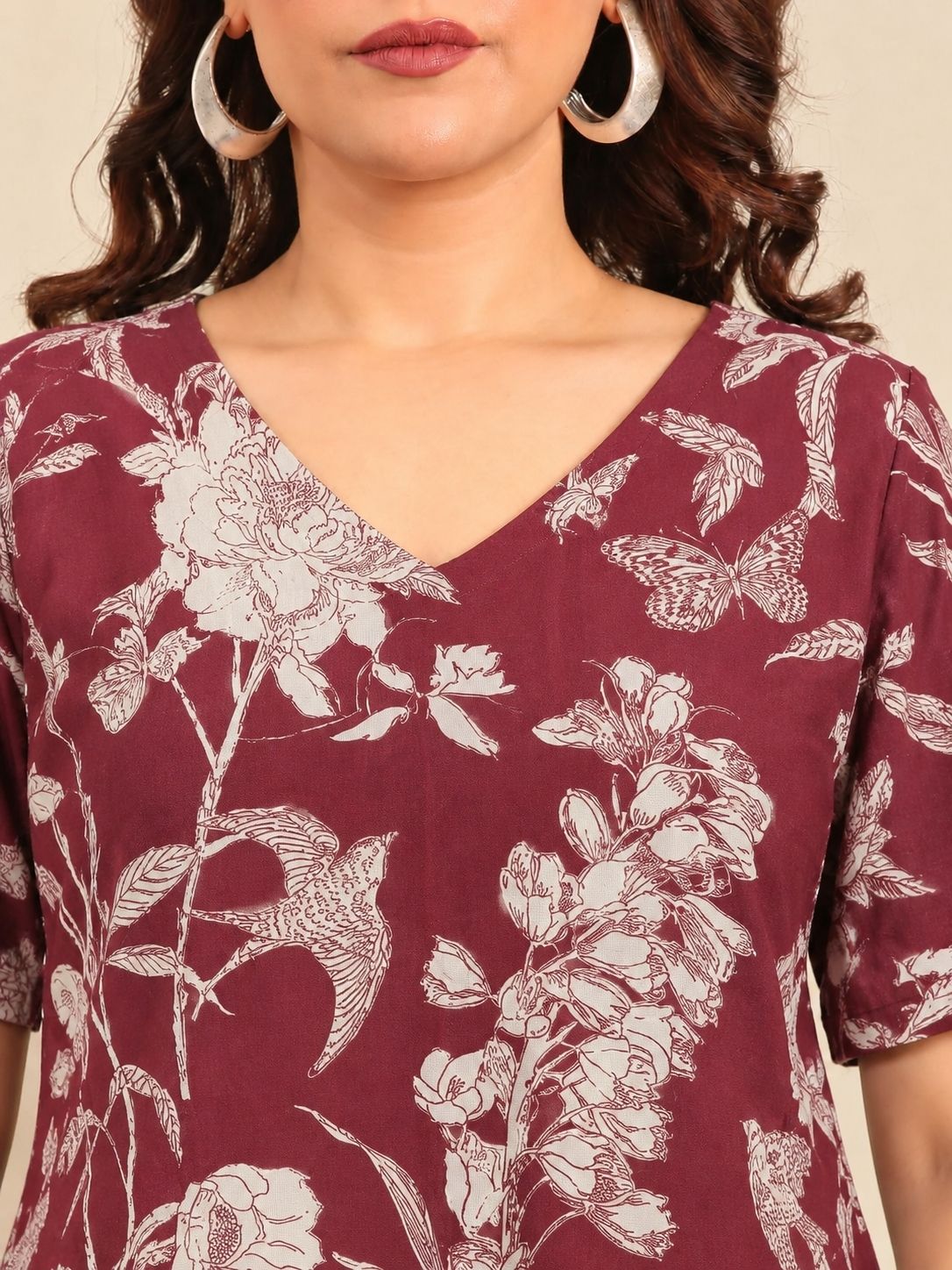 Maroon Floral V-Neck A-Line Midi Dress