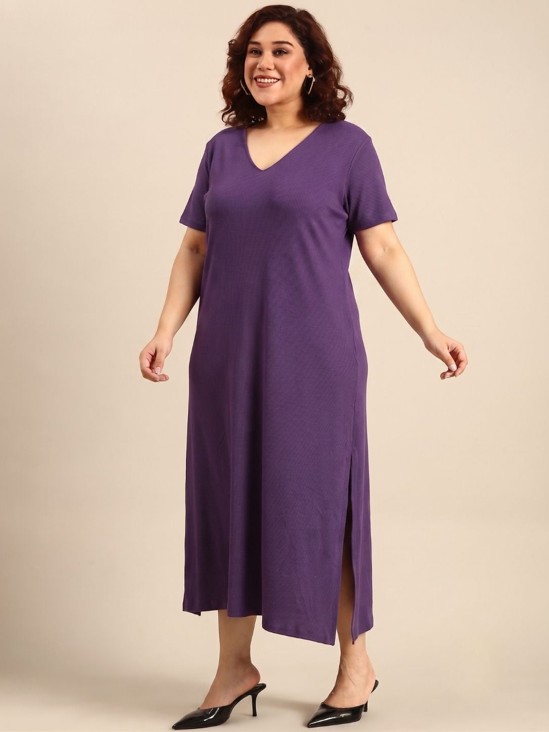 Purple Rib Cotton A-Line Dress