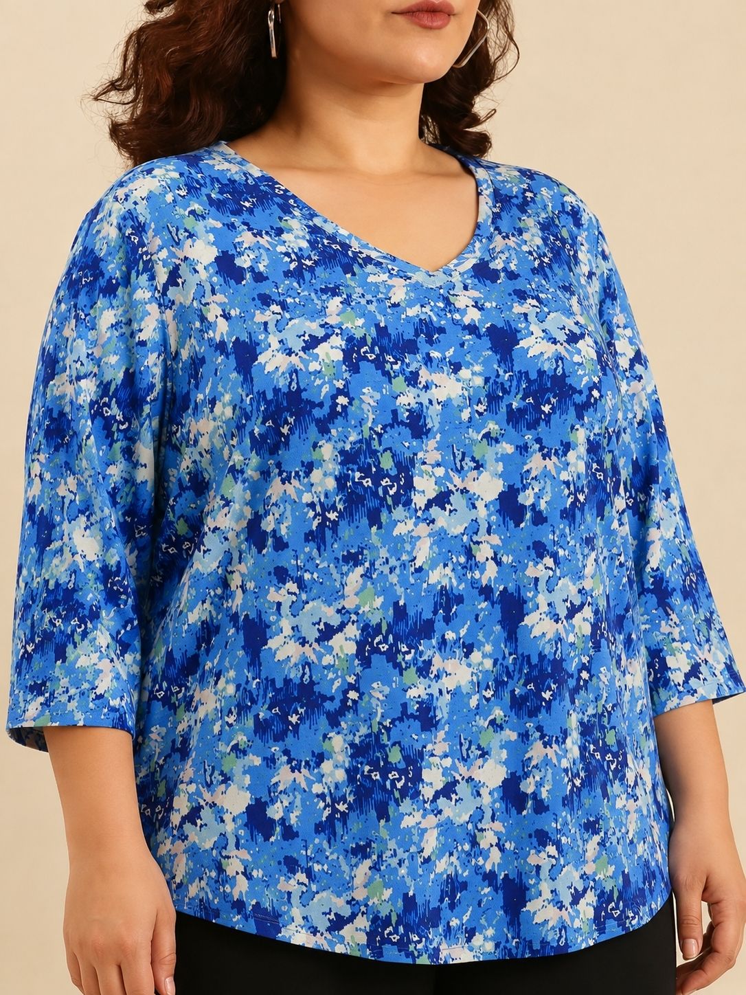 Blue Abstract Floral Print V-Neck T-Shirt
