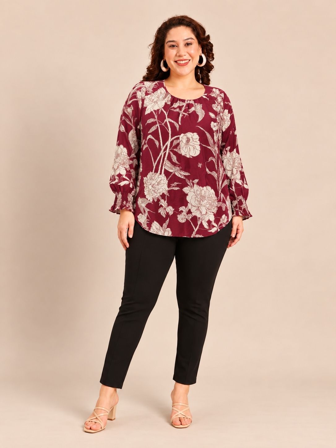 Maroon Floral Smocked Cuff Top