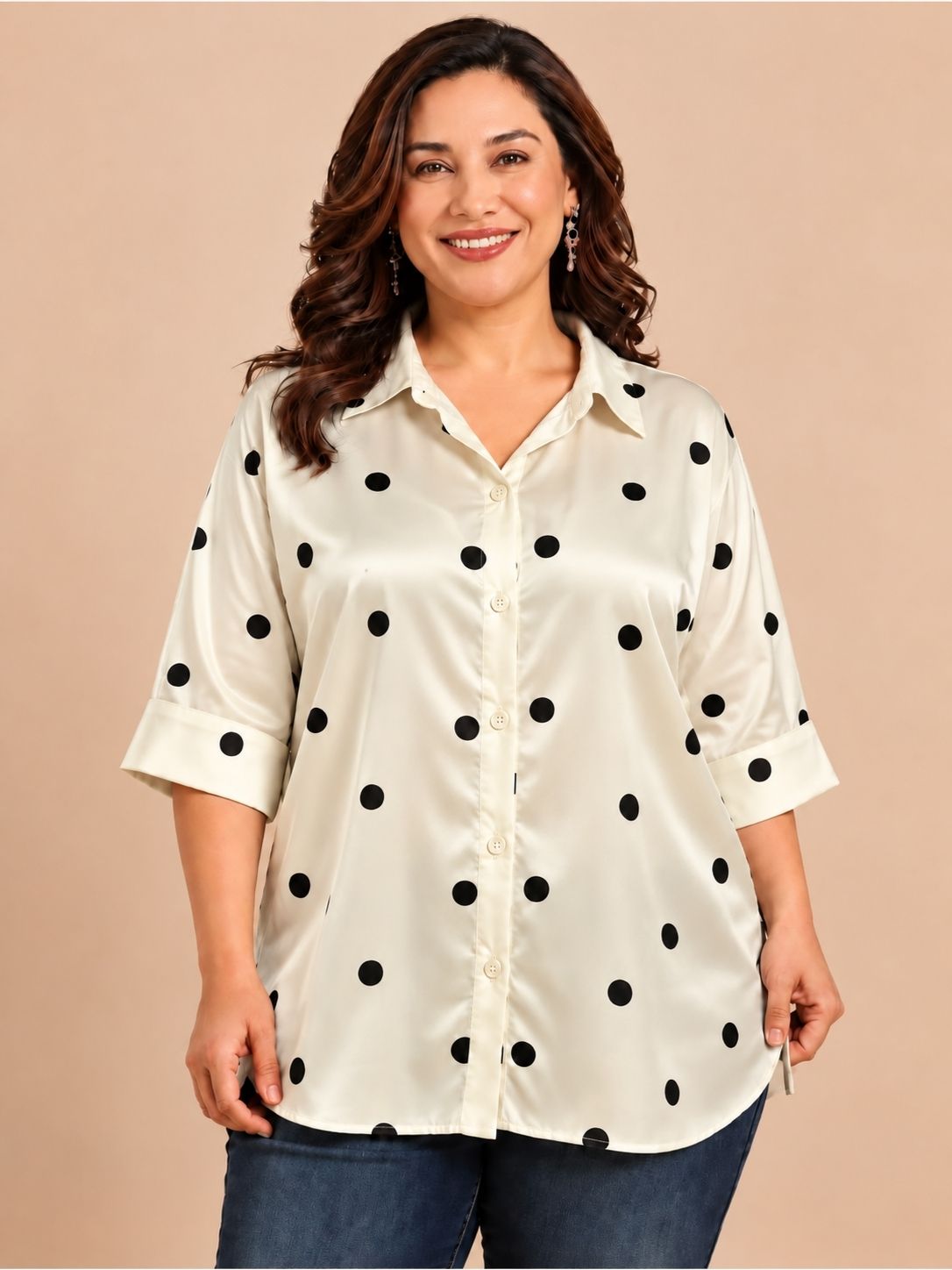 White Polka Dot Drop Shoulder Shirt