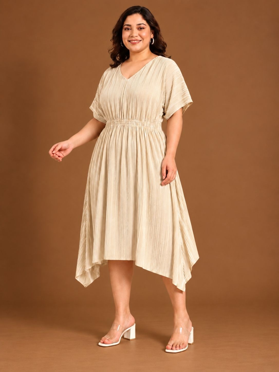 Ivory Pleated Smocking Midi Dress
