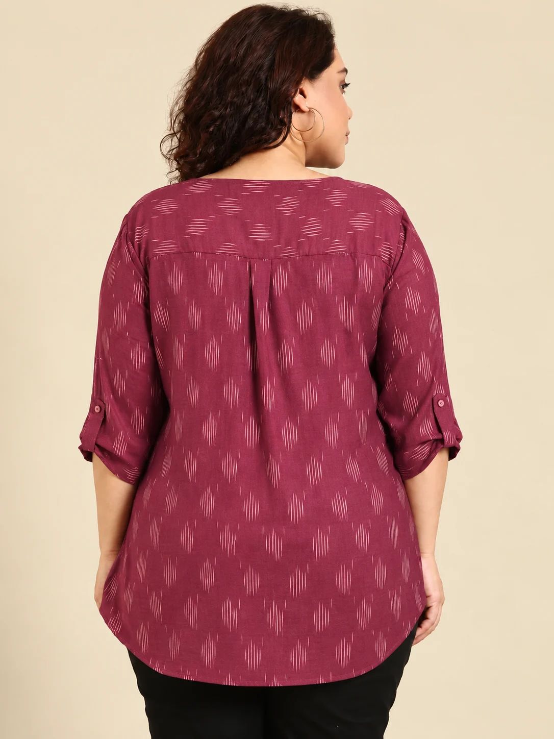 Maroon Cotton Ikat Print V-Neck Top