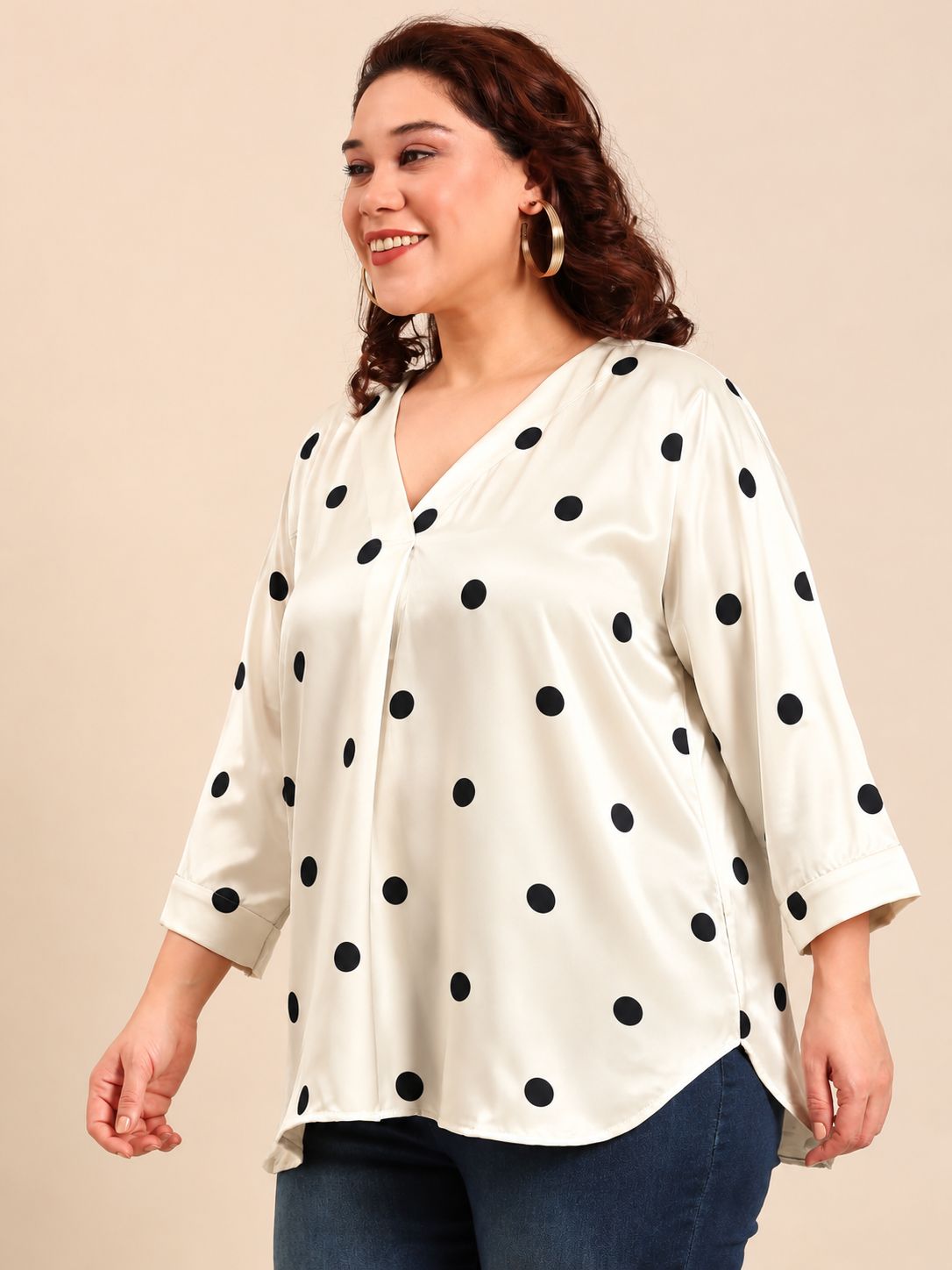 Satin Polka Dot V-Neck Top