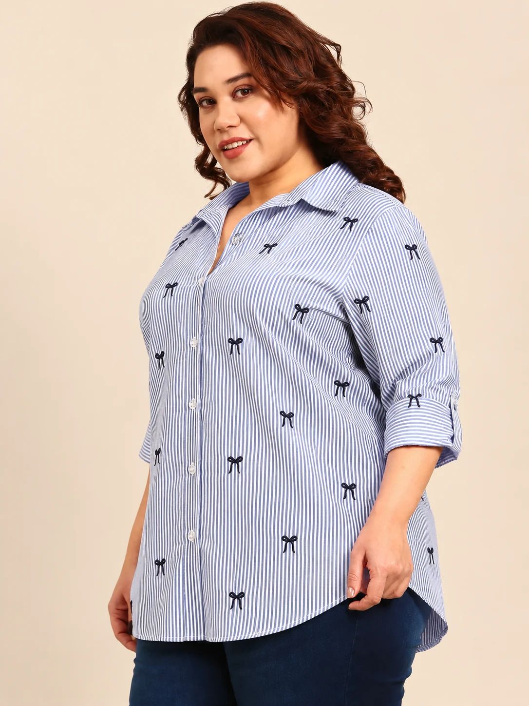Blue Striped Button Down Shirt with Bow Embroidery
