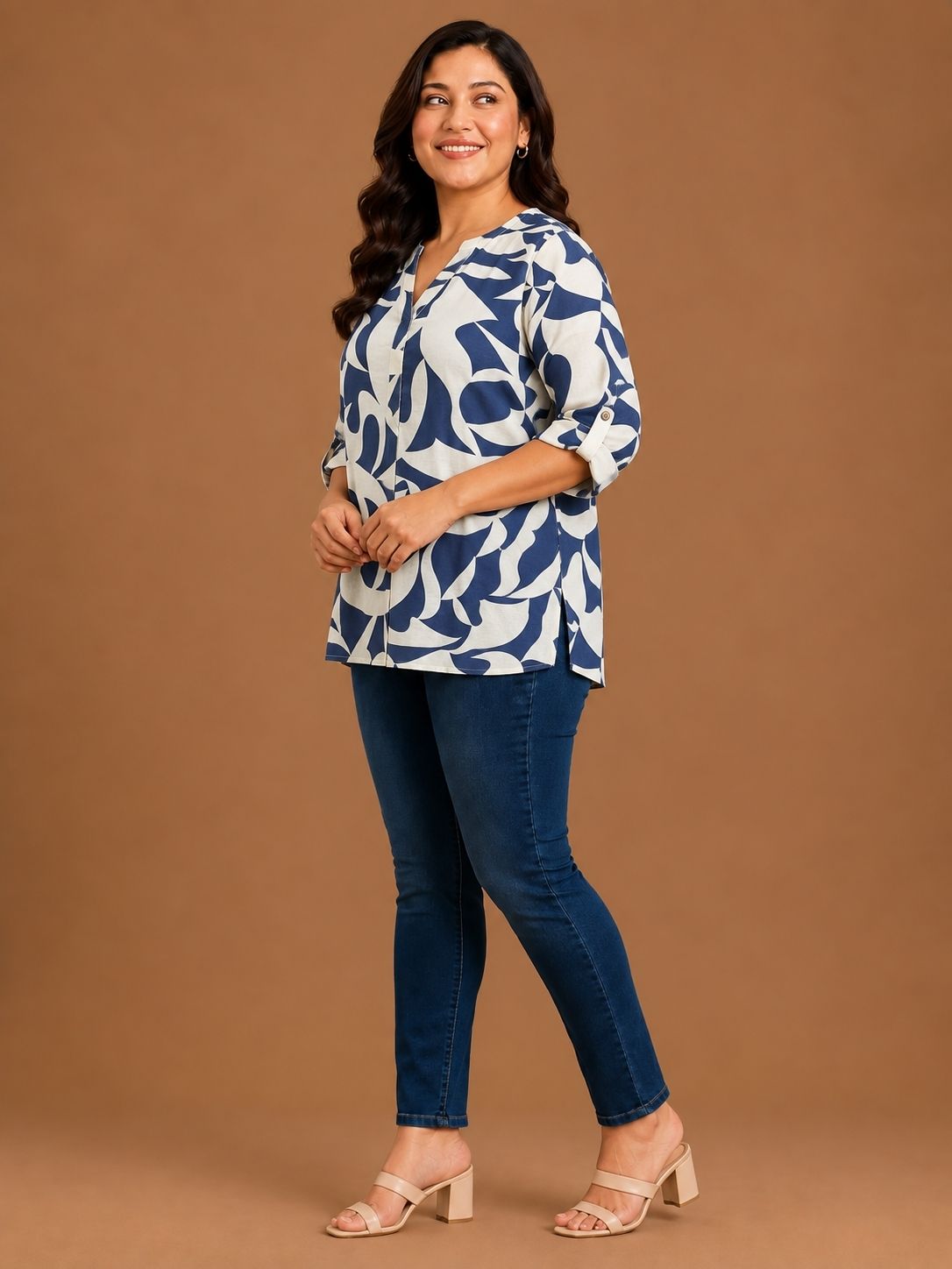Blue Abstract Floral Printed V-Neck Top