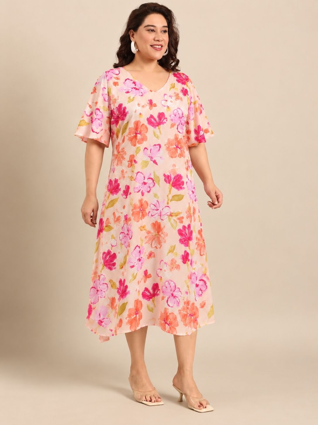 Light Pink Floral A-Line Midi Dress