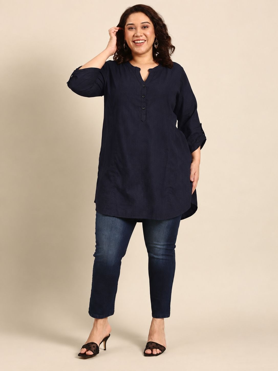 Navy Blue Solid V-Neck Tunic