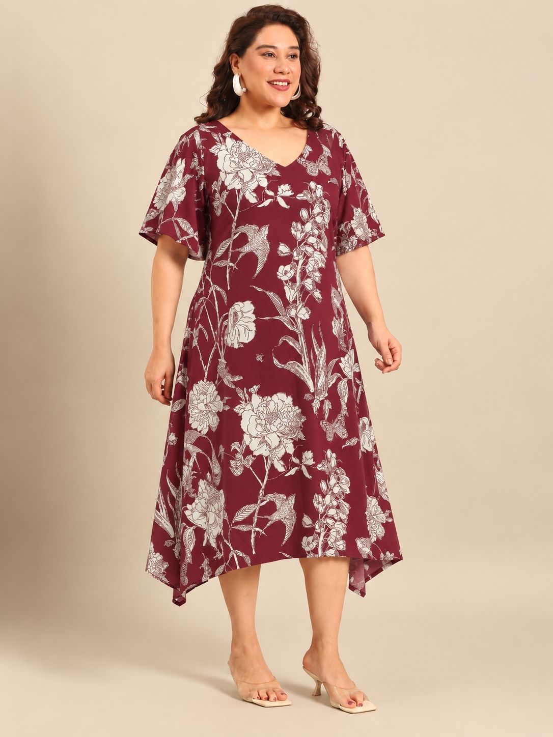 Maroon Floral V-Neck A-Line Midi Dress