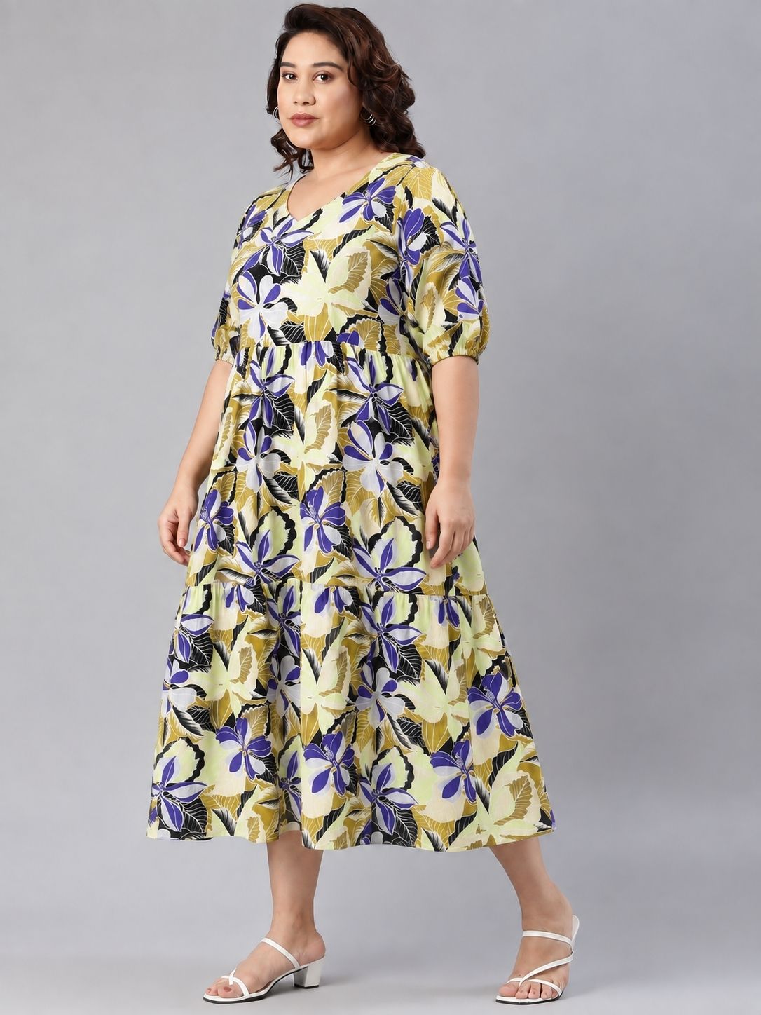 Blue & Olive Floral Tiered Maxi Dress