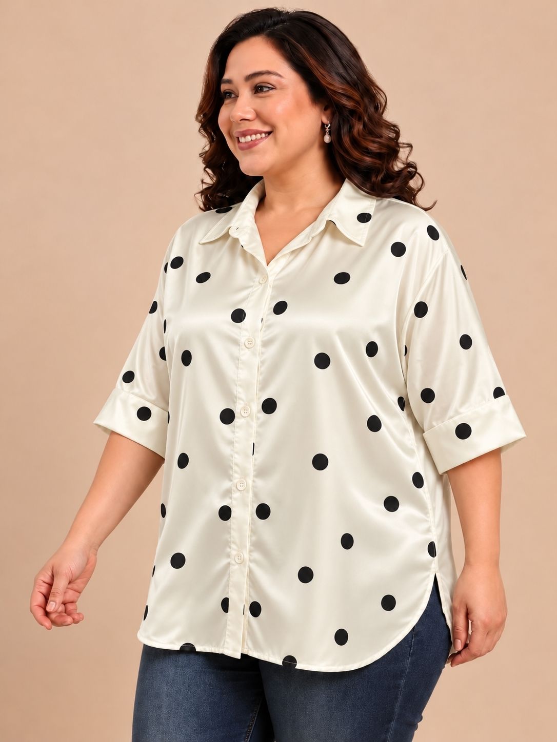 White Polka Dot Drop Shoulder Shirt