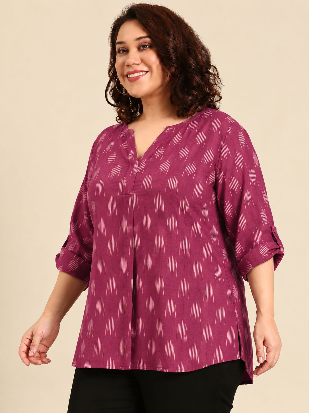 Maroon Cotton Ikat Print V-Neck Top