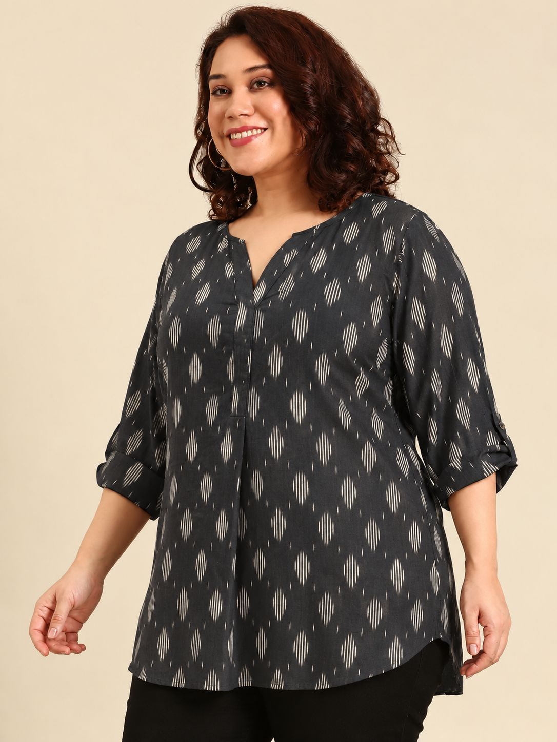 Black Cotton Ikat Print V-Neck Top