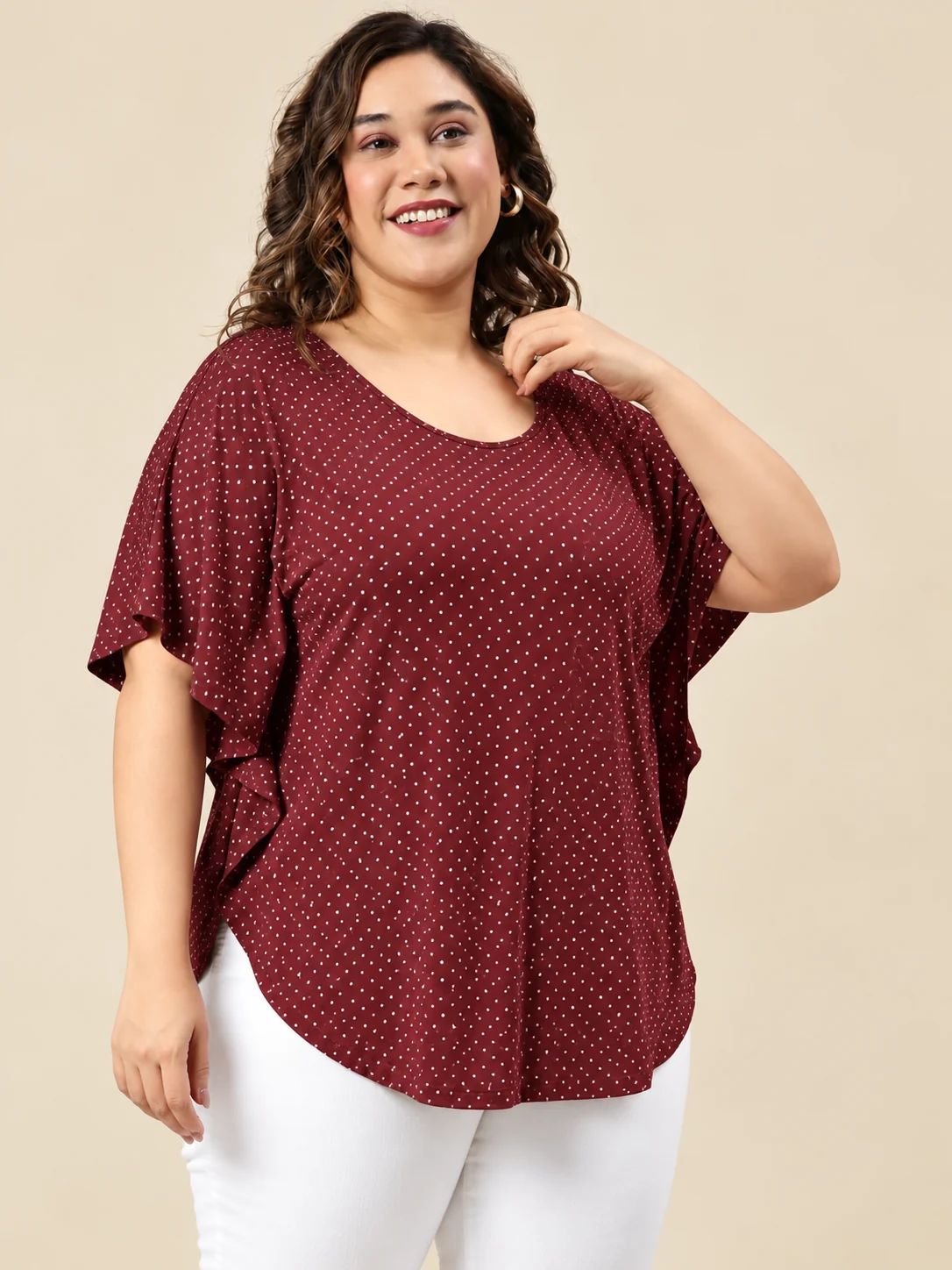 Maroon Mini Polka Dot Kaftan Top
