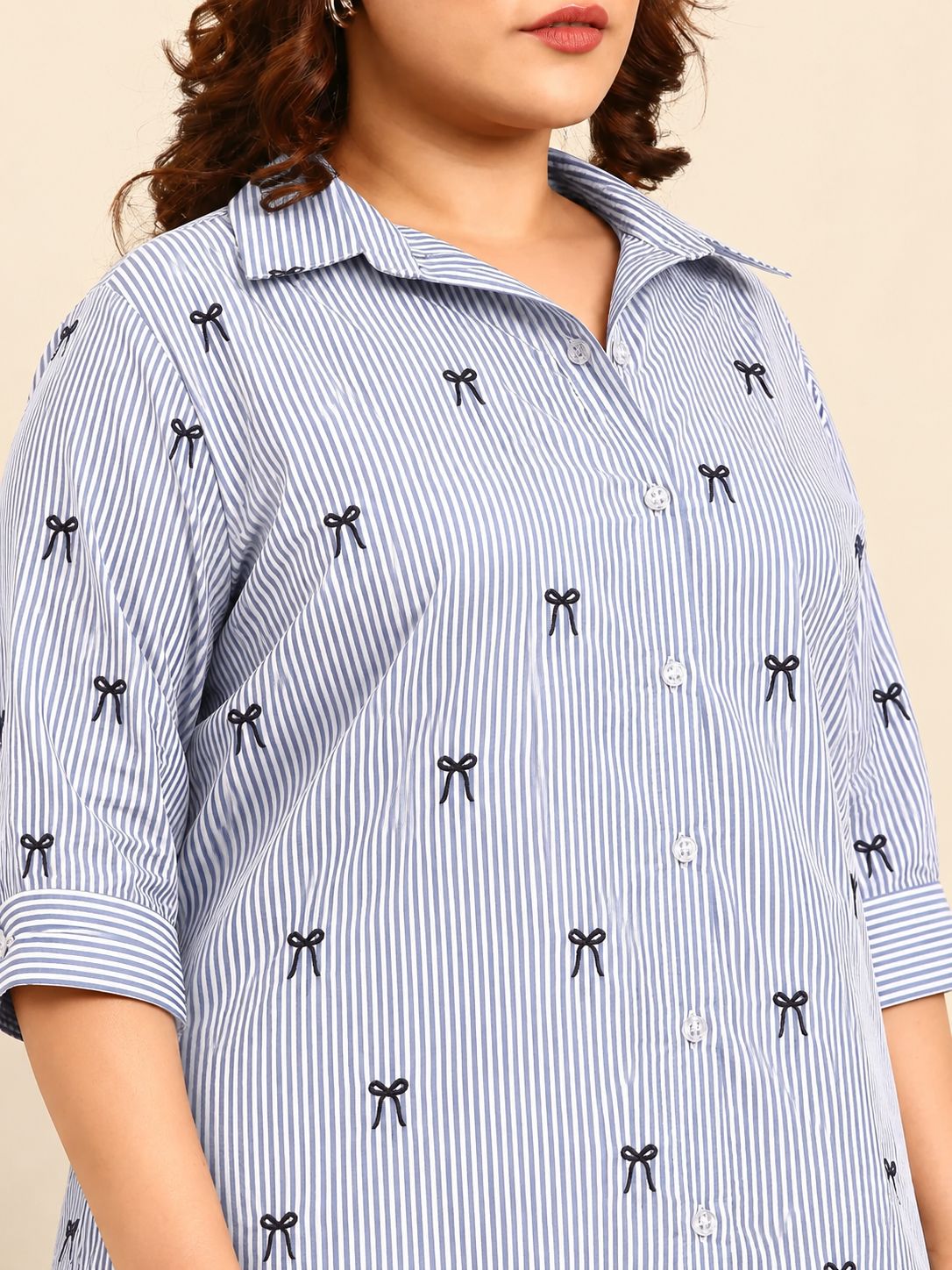 Blue Striped Button Down Shirt with Bow Embroidery