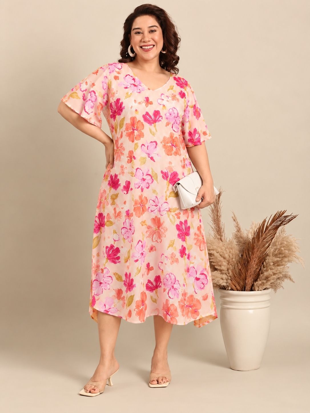 Light Pink Floral A-Line Midi Dress
