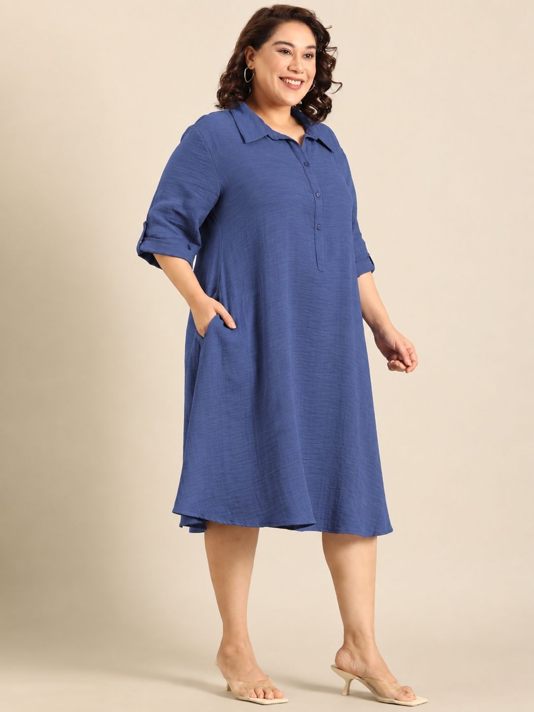 Slate Grey Collared A-Line Midi Dress