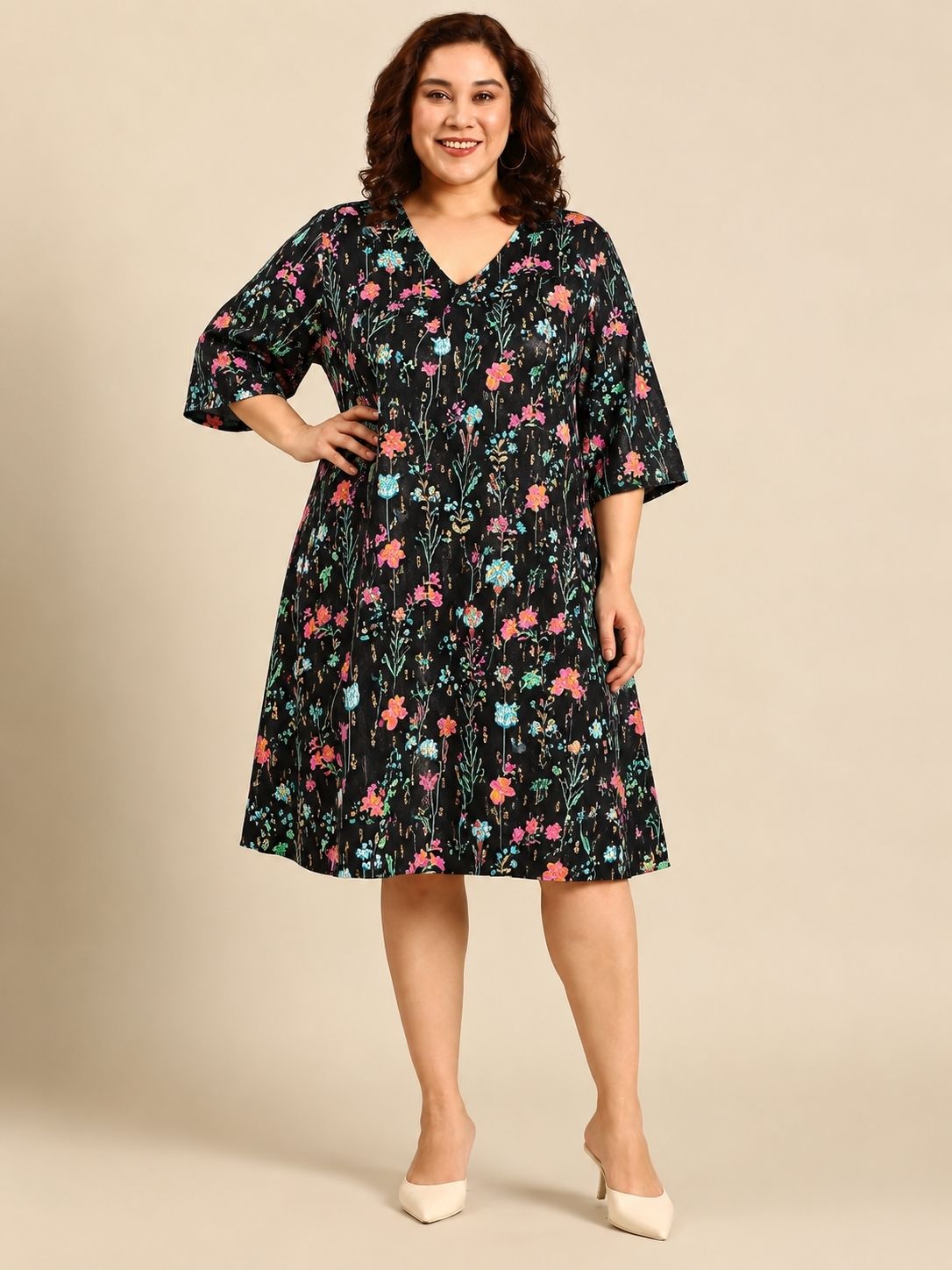 Black Floral Printed A-Line Midi Dress