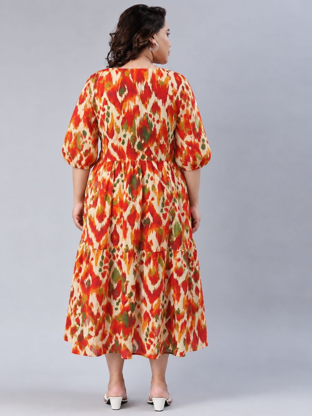 Vibrant Orange Ikat Tiered Maxi Dress