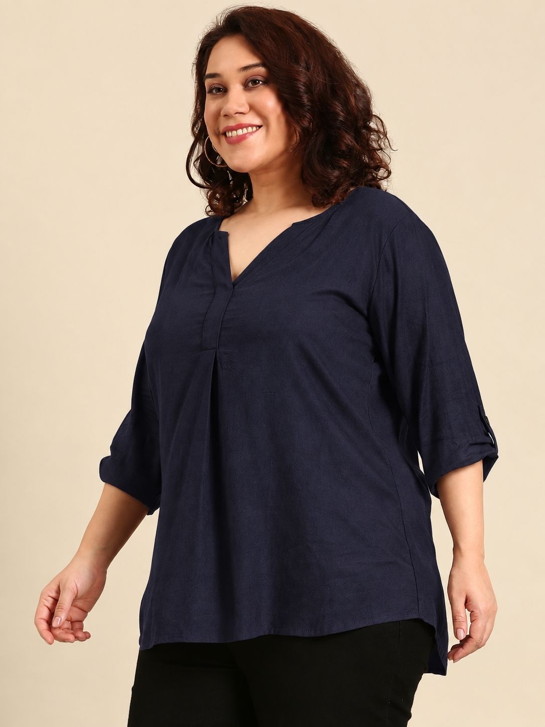 Solid Navy Blue Pleated V-Neck Top