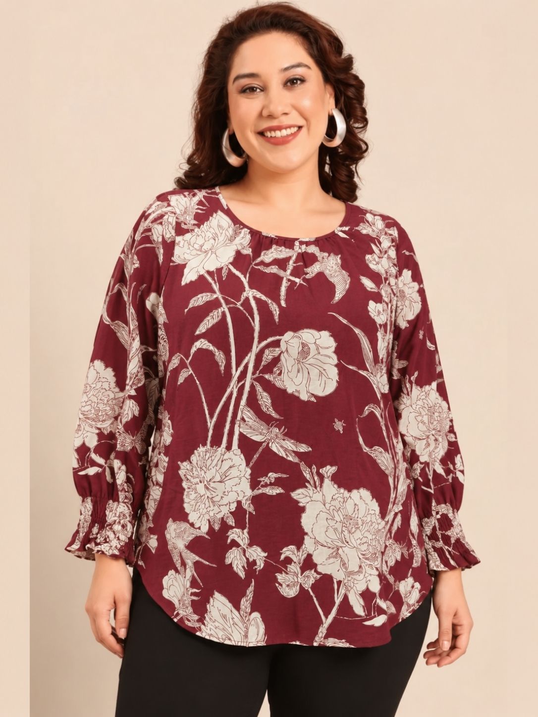 Maroon Floral Smocked Cuff Top