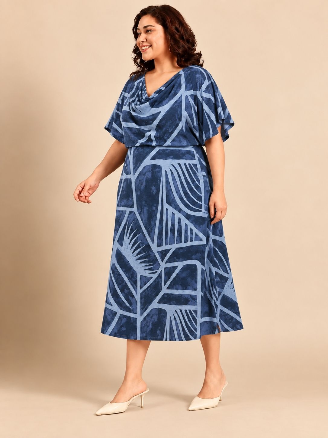Indigo Abstract Geometric Cowl Neck Dress