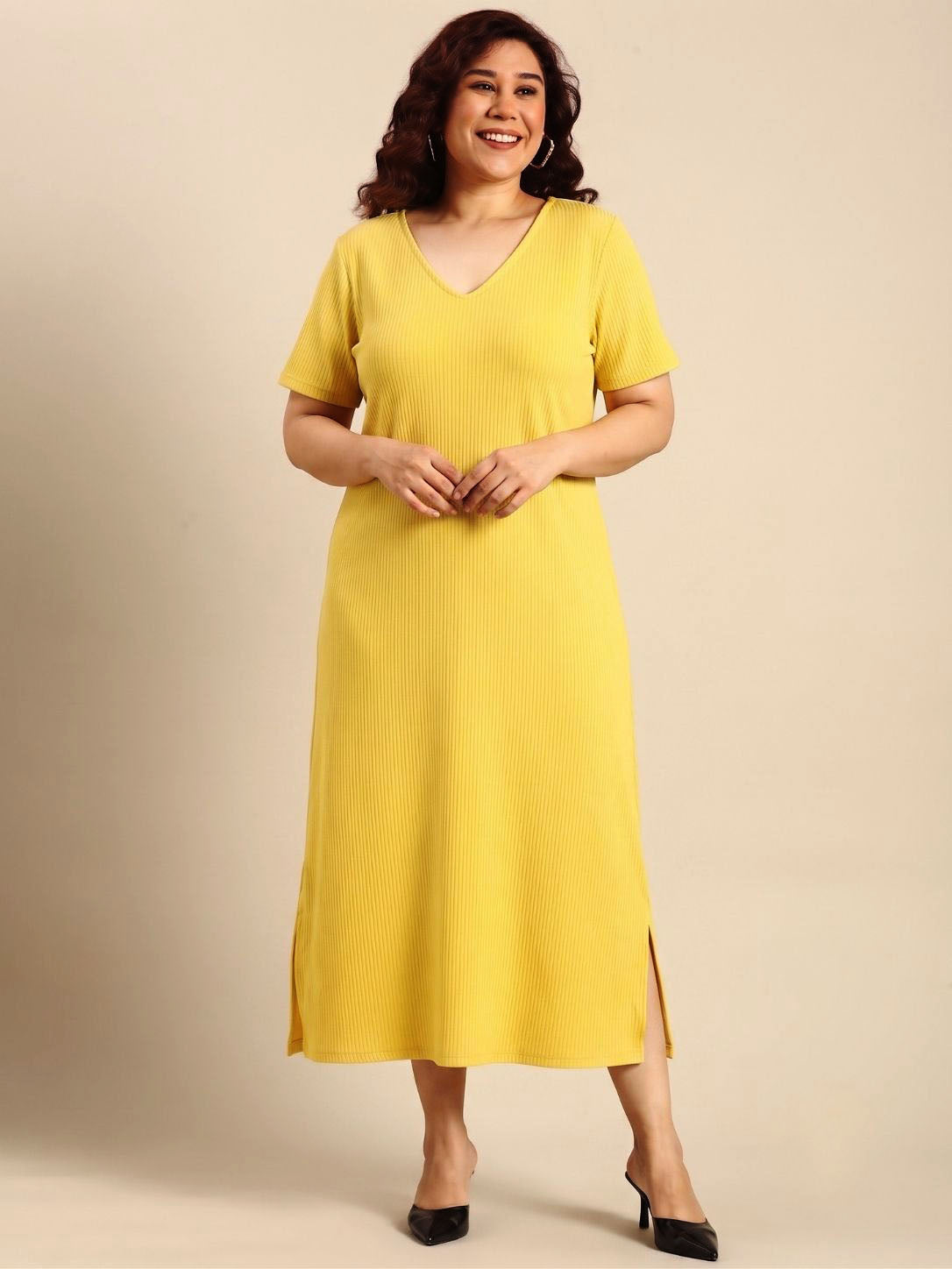 Yellow Rib Cotton A-Line Dress